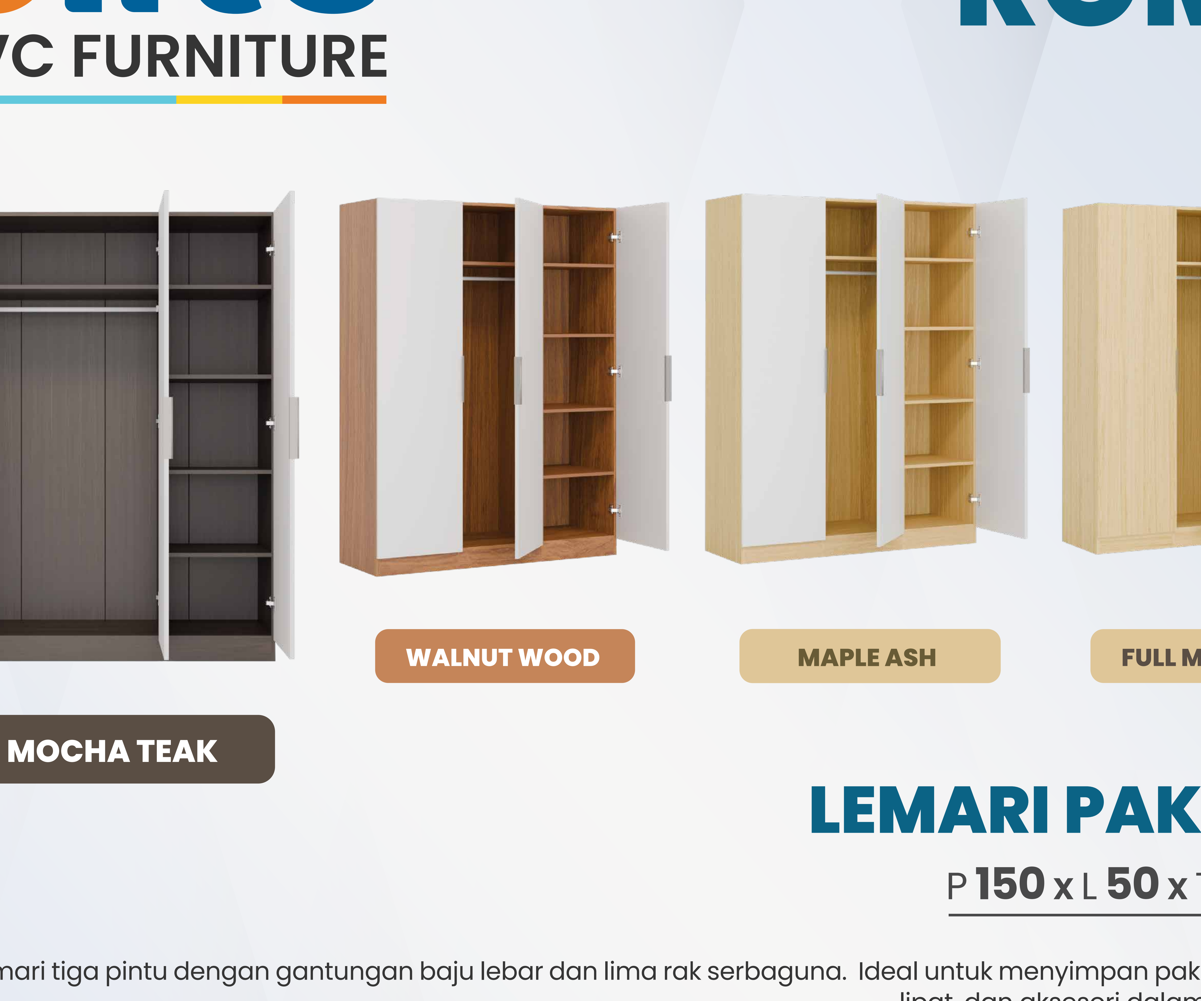 Furniture PVC dengan tampilan bersih untuk kamar, apartemen, dan area display modern.